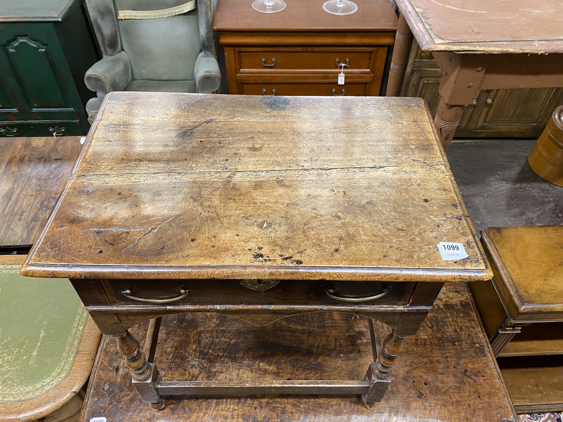 An early 18th century rectangular oak low side table, width 70cm, depth 47cm, height 66cm
